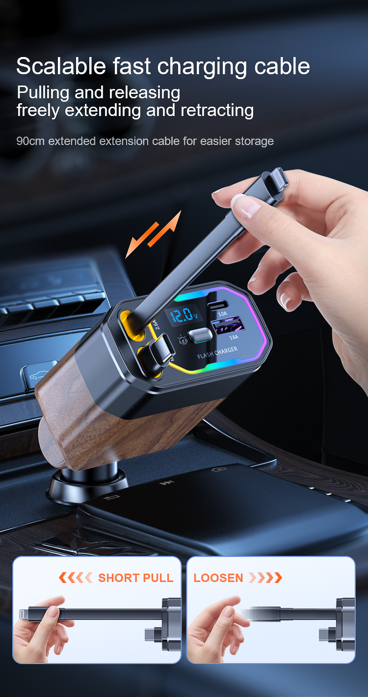 [Local shipment]Car Charger Mobile Adapter With BuiltIn Retractable