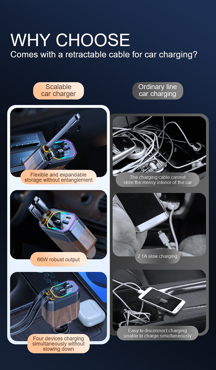 [Local shipment]Car Charger Mobile Adapter With BuiltIn Retractable