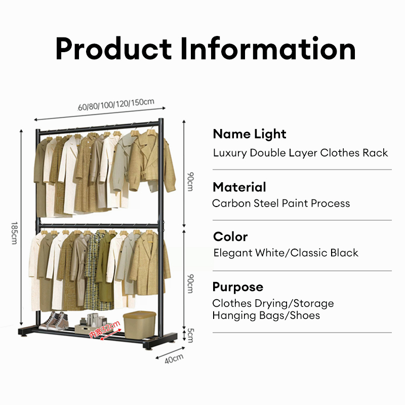 Double Layer 60/100/120/150cm Metal Clothes Rack Hanger Drying Rack ...