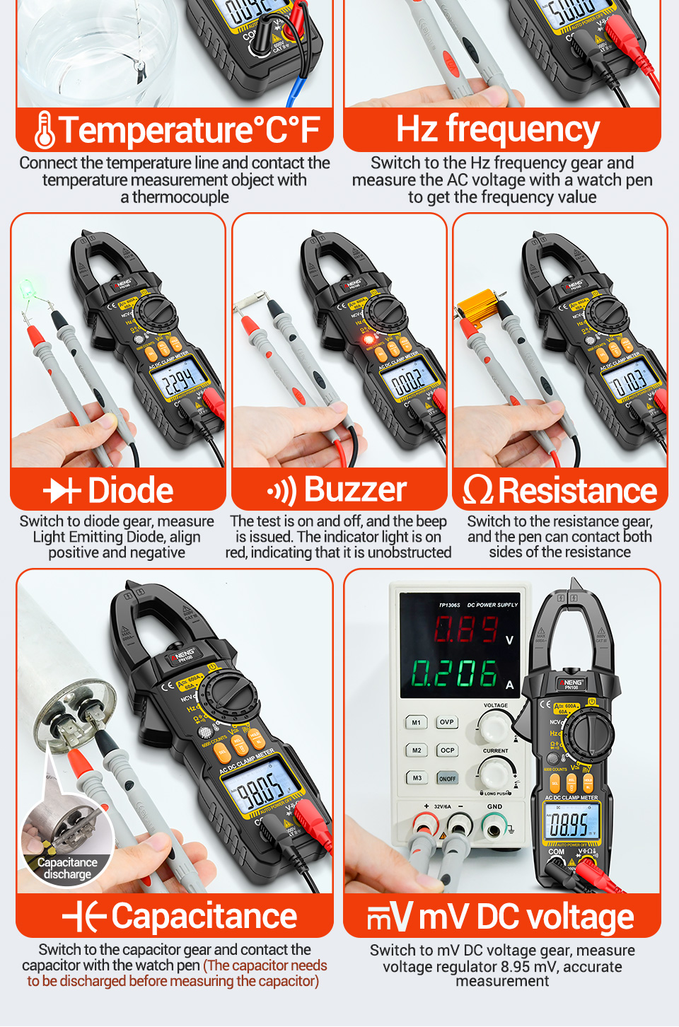 ANENG PN108 Digital Clamp Multimeter 600A Current Meter Tester AC/DC ...