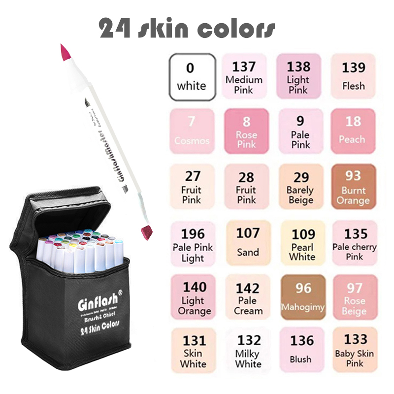 Ginflash 24 Skin Tone Brush&Chisel Tip Art Marker Pen Brush Pen Sketch