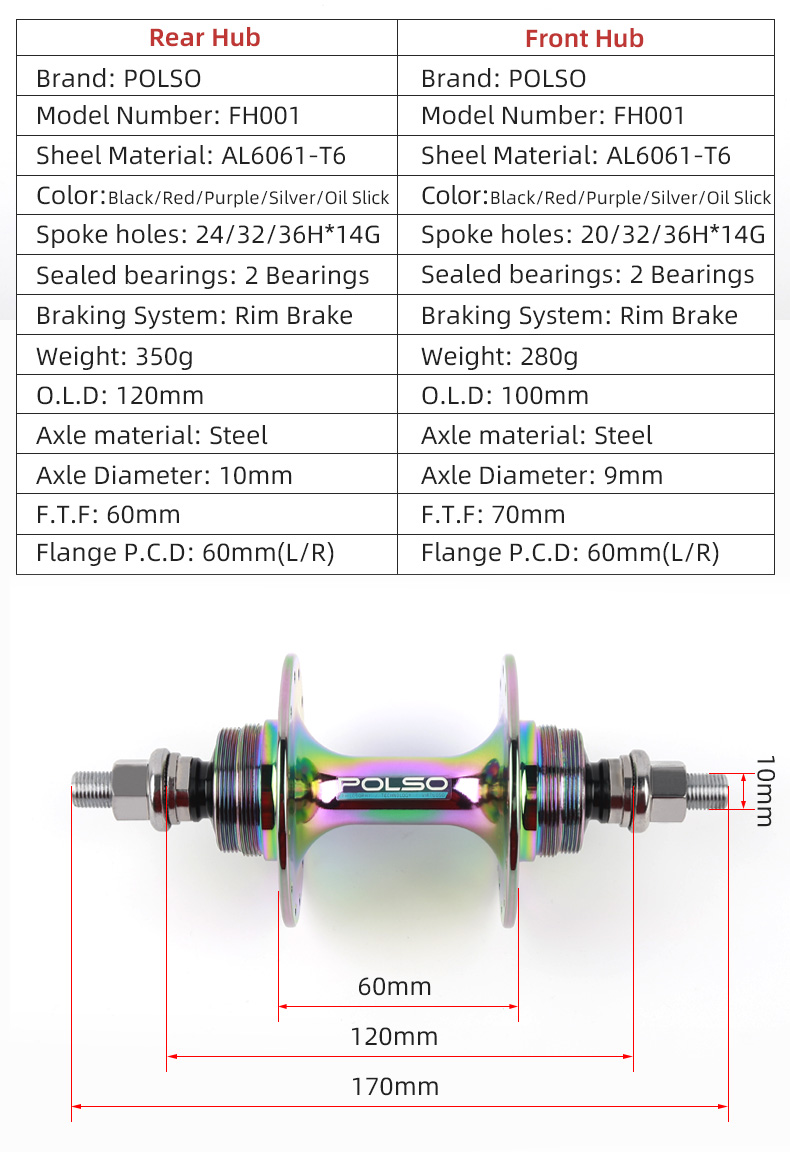 POLSO FH003 Chrome Fixed Gear Bike Hub 20H 24H 32H Fixie Front And