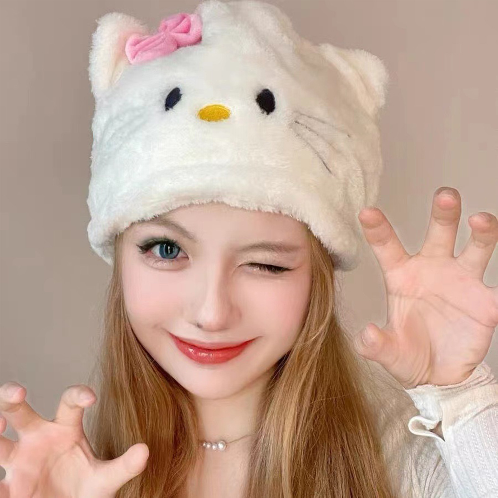 Hello Kitty Hat Cute Fur Warm Furry Student Baotou Hat Ladies Windproof 