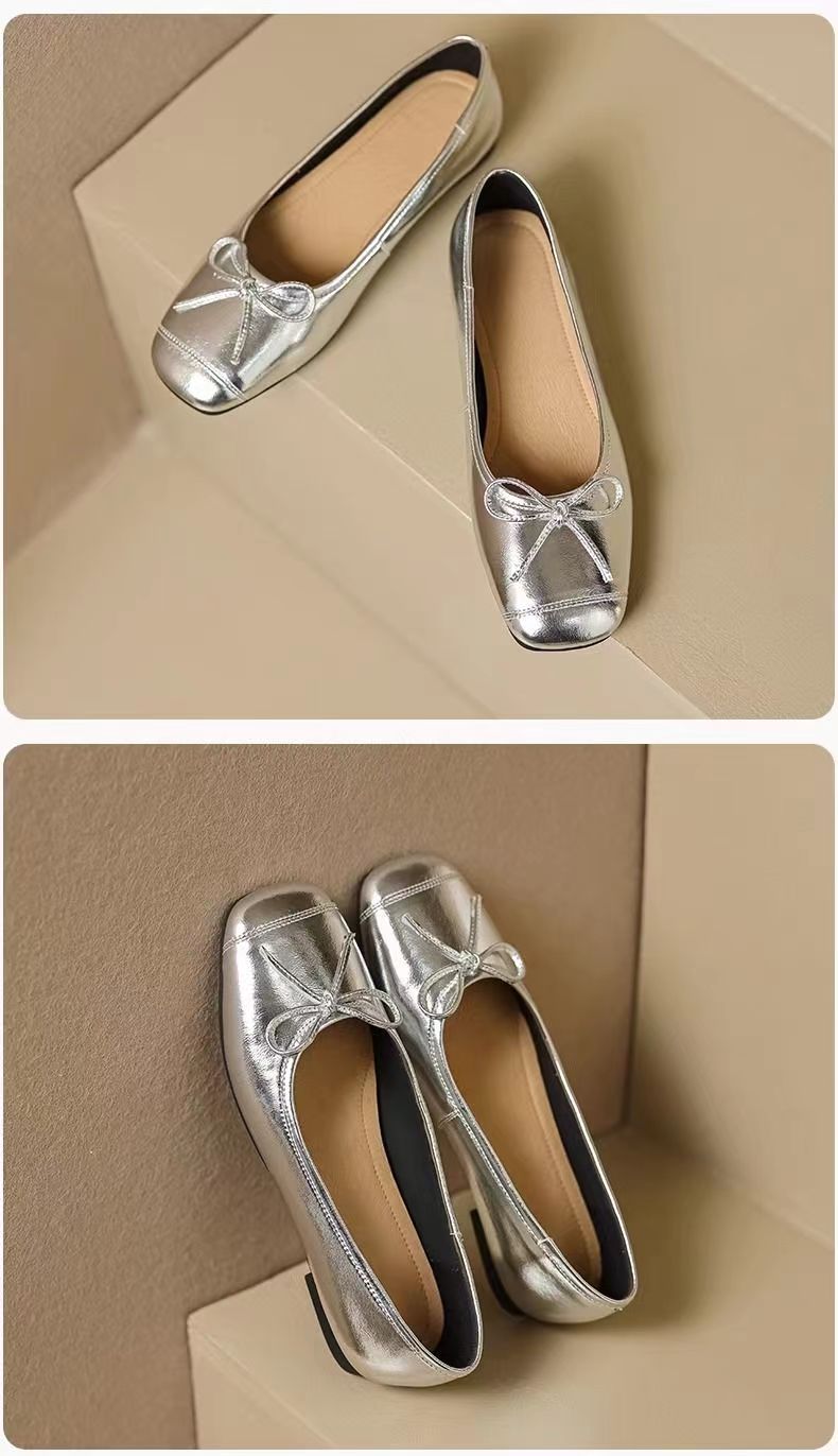 SWEETC Women's Fashion Square Toe Bowknot Soft Sole Silver Flats