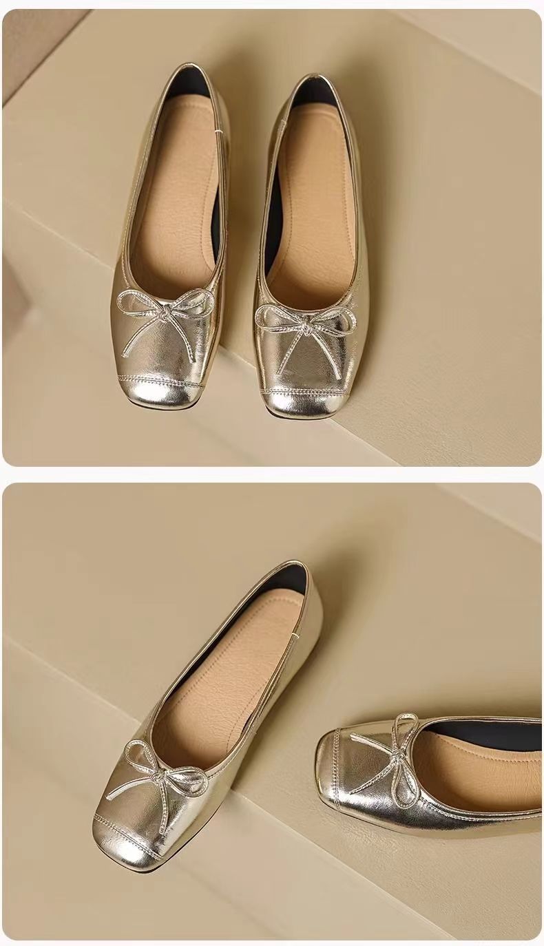 SWEETC Women's Fashion Square Toe Bowknot Soft Sole Silver Flats