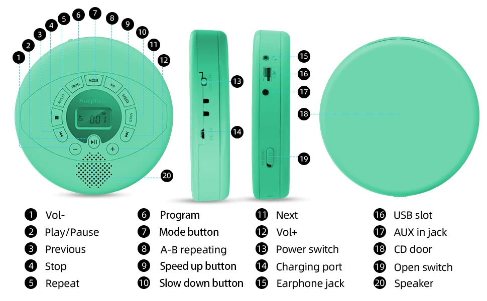 Portable Bluetooth CD player Rechargeable CD Walkman with speakers and ...