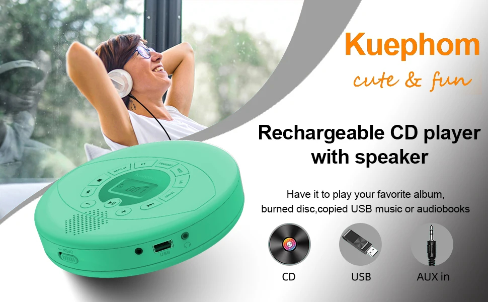 Portable Bluetooth CD player Rechargeable CD Walkman with speakers and ...