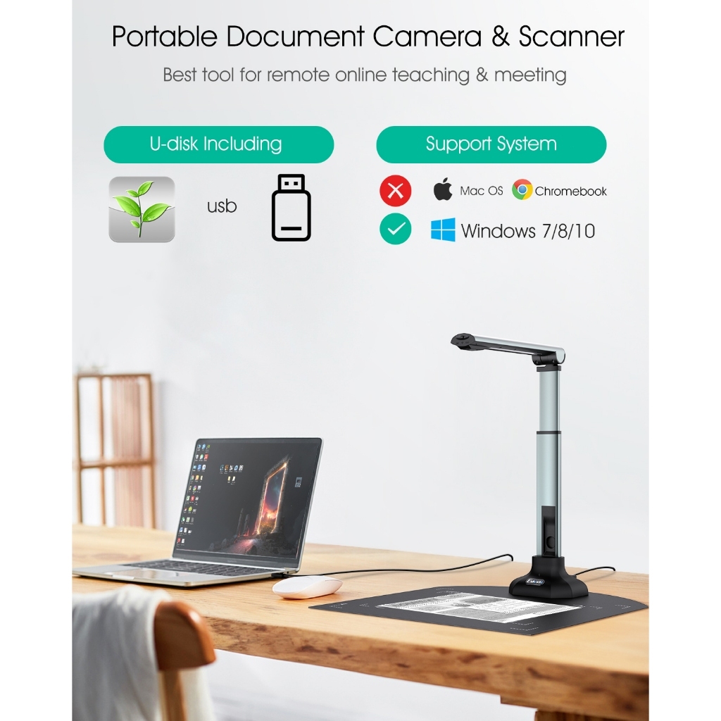 12MP USB Document Camera for Teachers Laptop, A3 A4 Size, Portable Book ...