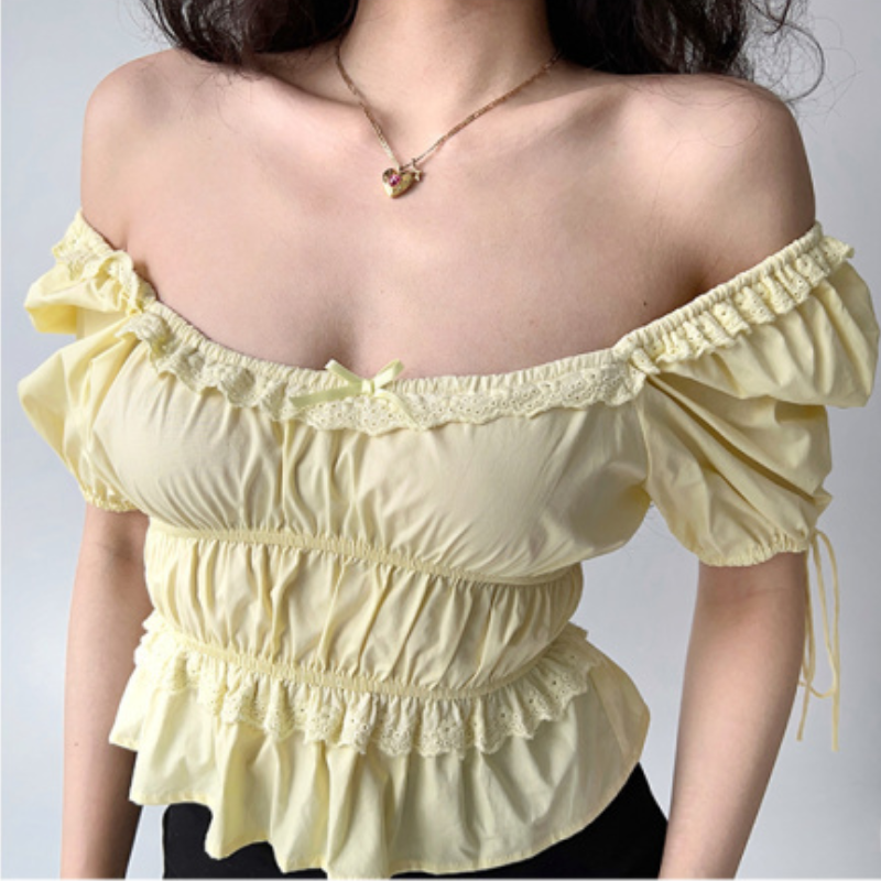 Square neck short lace puff sleeve top for women