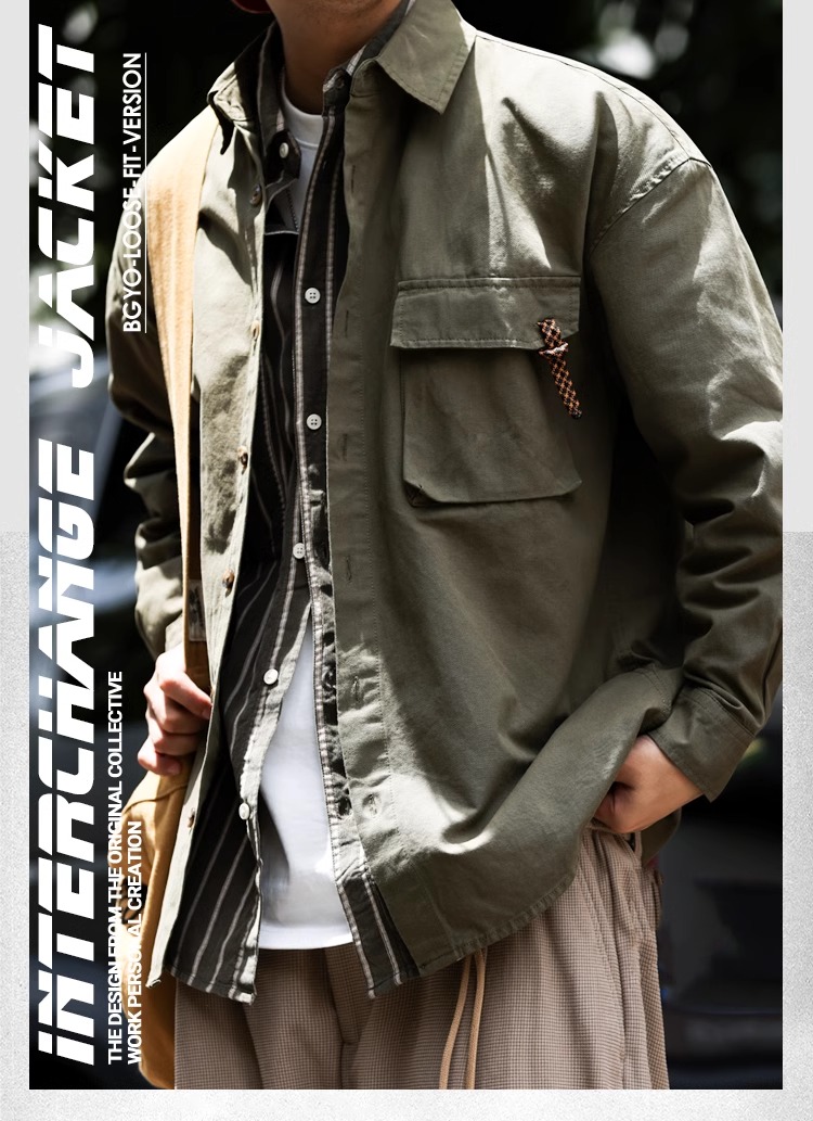 Japanese Retro Outdoor Mountain Series Workwear Shirt Men Army Green