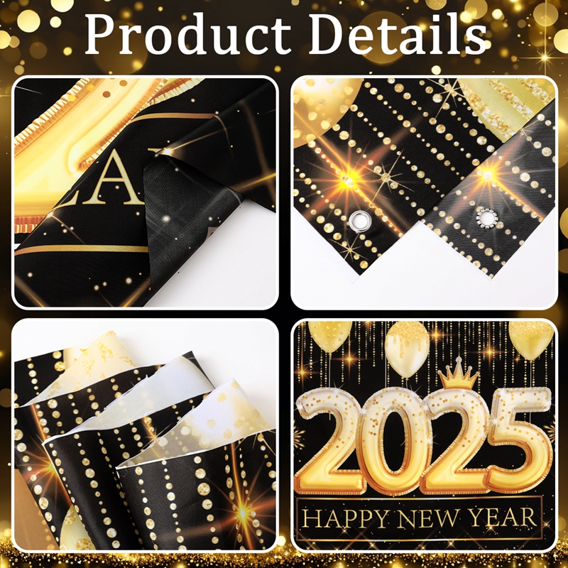【New】1.5*1M Colorful New Year Backdrop Happy New Year Banner Firework