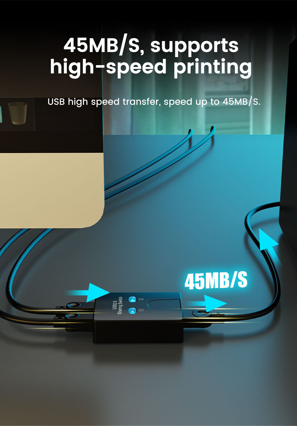 USB Print Sharer 2 In 1 Out USB Auto Printer Sharer Splitter For ...