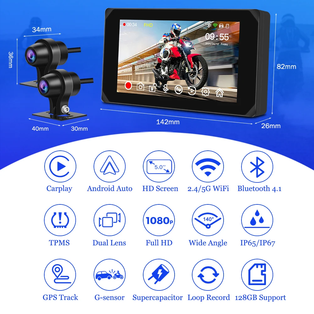 VSYS Wireless Carplay Android Auto TPMS Waterproof Motorcycle DVR CS5 ...
