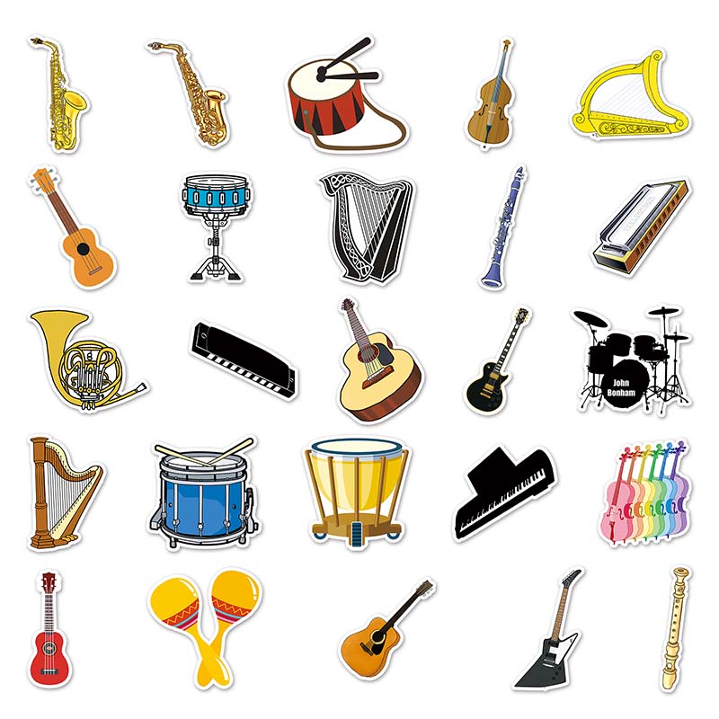 50PCS Cartoon Musical Instrument Guitar Drums Piano Sticker Toys ...