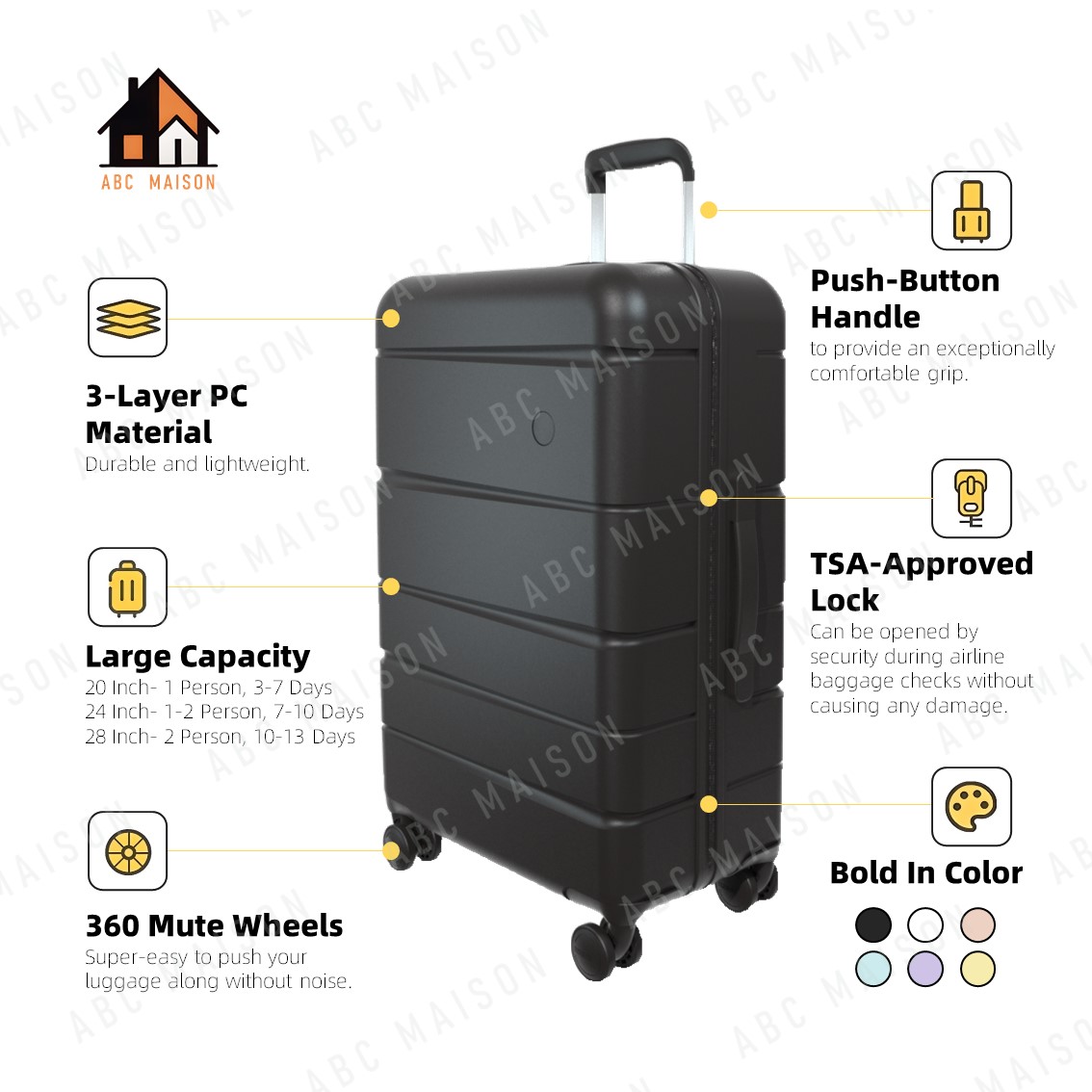 ABC MAISON 20/24/28 Inch Luggage Durable Luggage Travel Bag Cabin