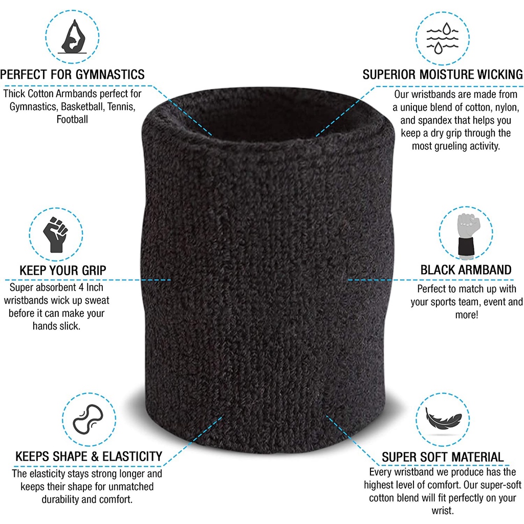 1 pair Wrist Sweatbands, Absorbent and Breathable Thick Cotton Bands