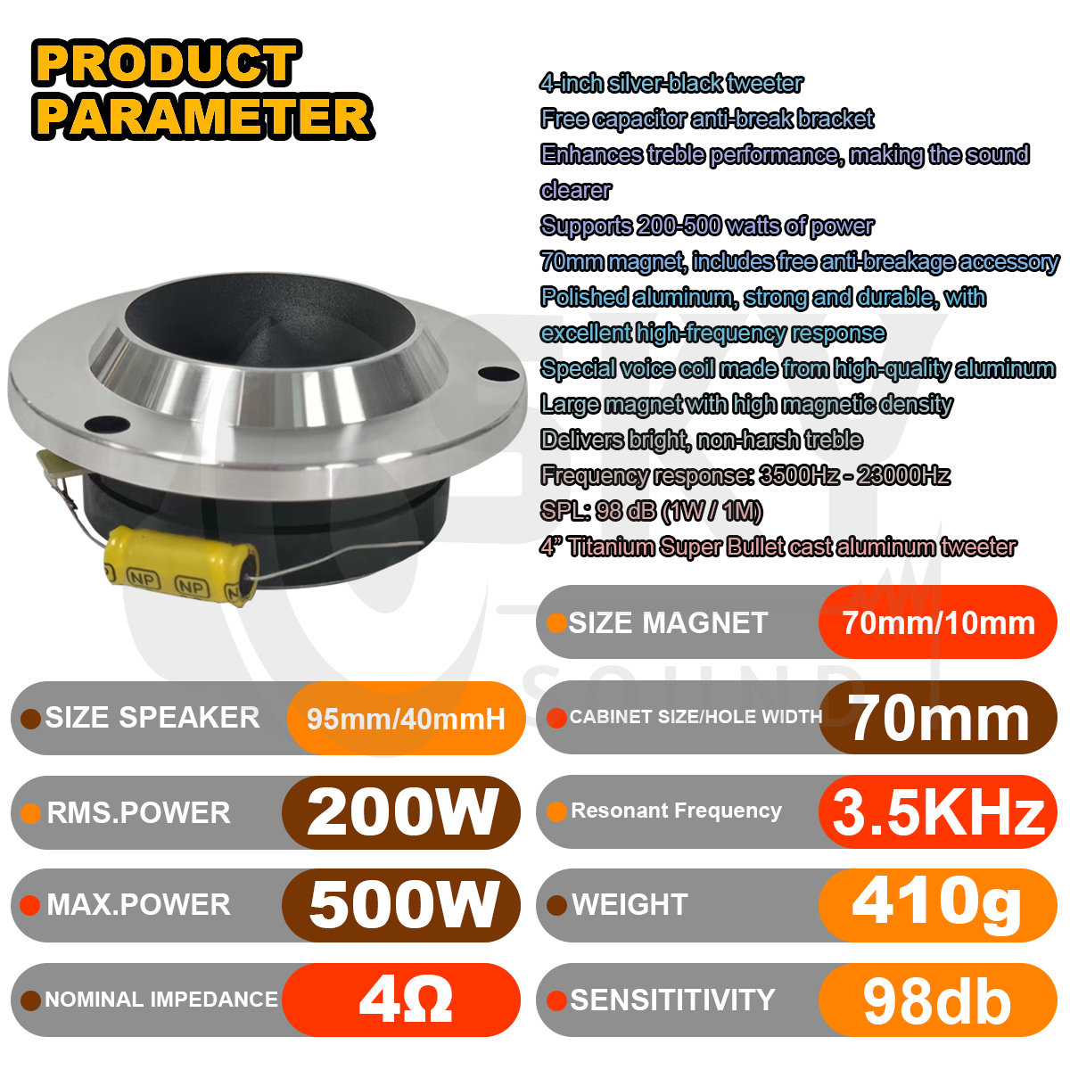 SKYSOUND 4 inch Tweeter Speaker 4Ω 300W 98dB With Capacitor Tweeter 300 ...