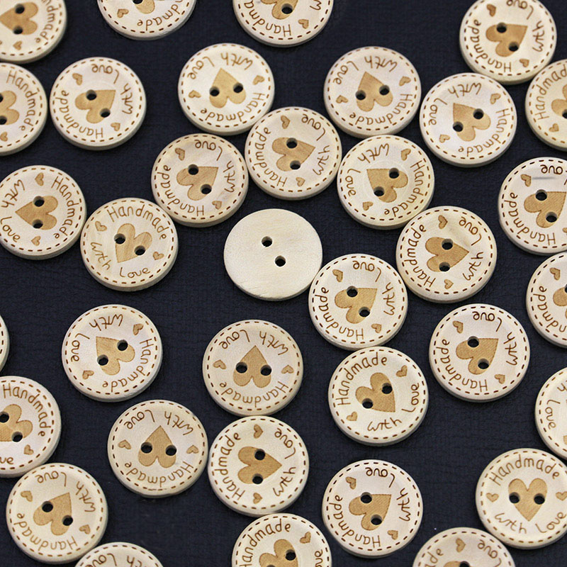 50 Pieces/Pack 20mm 2 Holes Wooden Heart Buttons handmade Round Retro ...