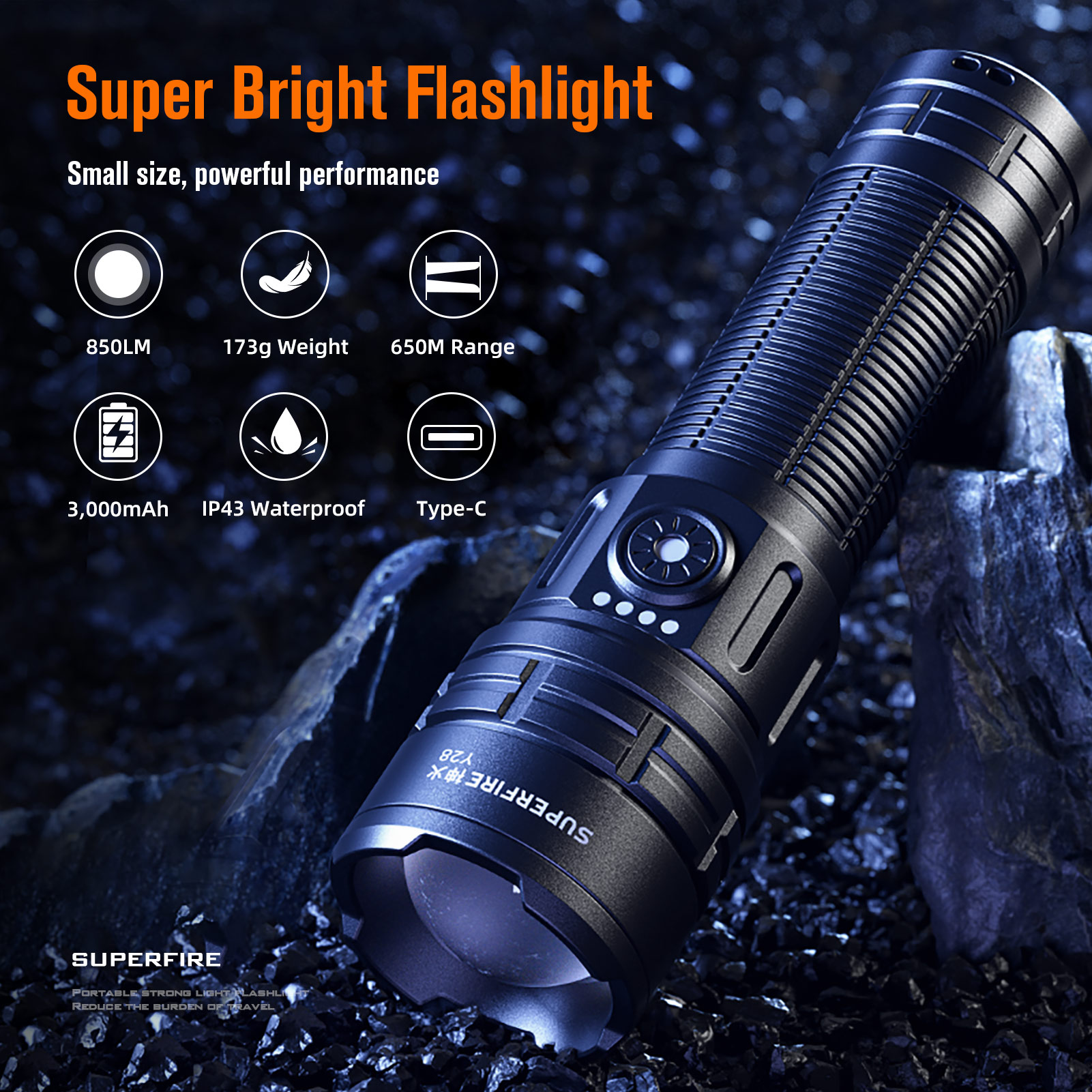 SUPERFIRE Y28 Flash Light LED Zoom Heavy Duty Flashlight Rechargeabl ...