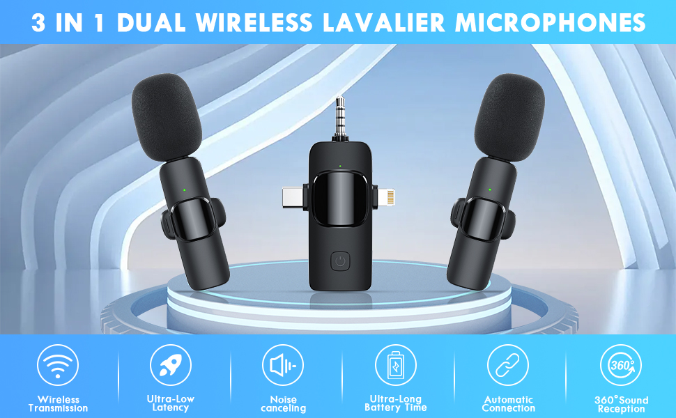 3 in 1 Wireless Lavalier Microphone for iPhone Android Camera USB-C ...
