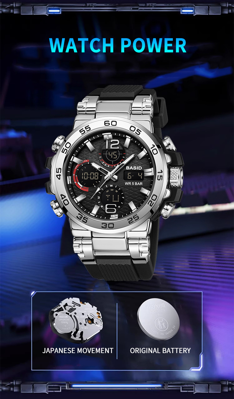 BASID 2405-2 Men Watch Sports Fitness Dual Display Wristwatches LED ...