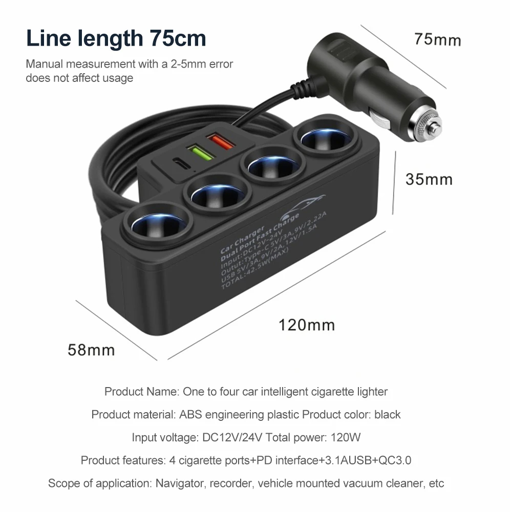 (Local Seller) 12V/24V 120W Car Cigarette Lighter Adapter 4 in1 Socket