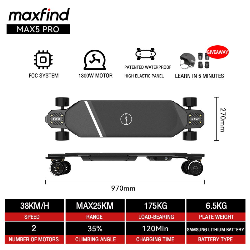 New electric skateboard MAXFIND MAX5 35km/h Max25km waterproof remote