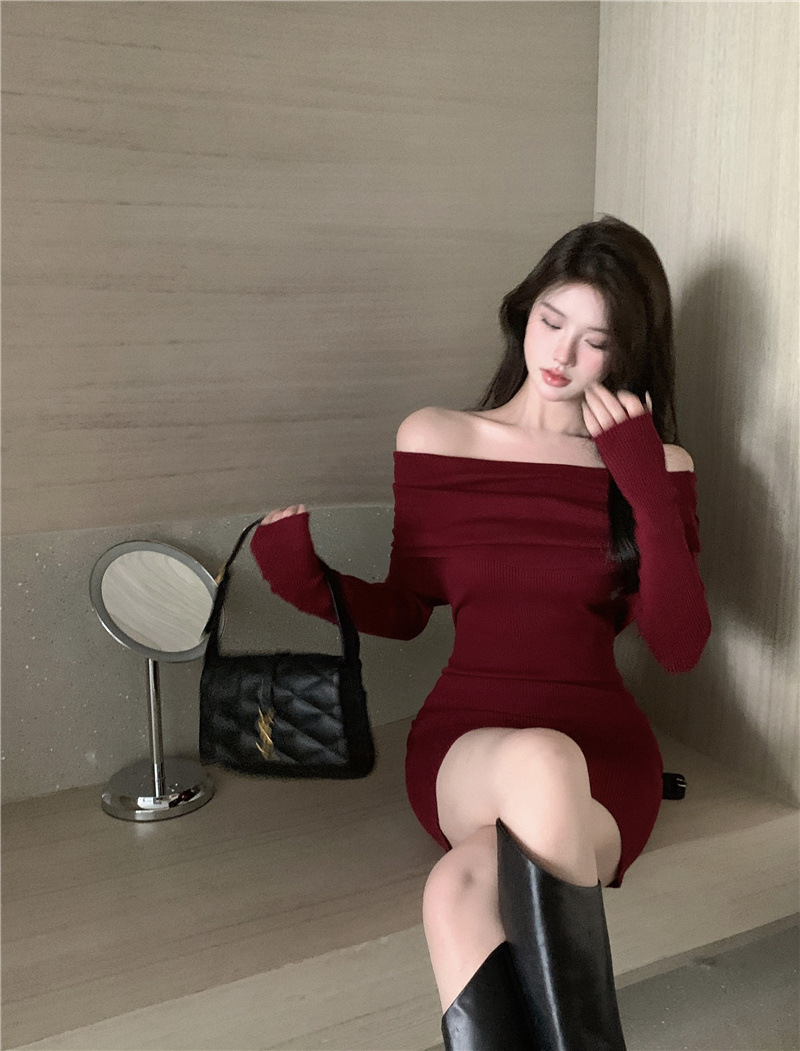 Women One Shoulder Knitted Long Sleeved Dress Red Christmas Short Skirt ...