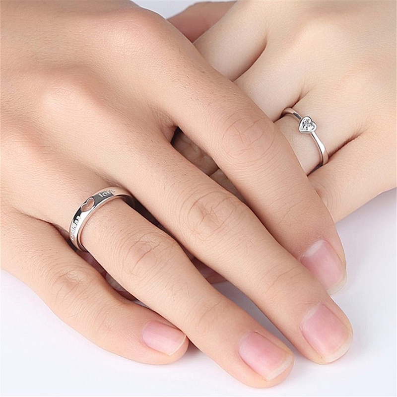2PCS Diamond 925 Sterling Silver Couples Valentine Rings Adjustable