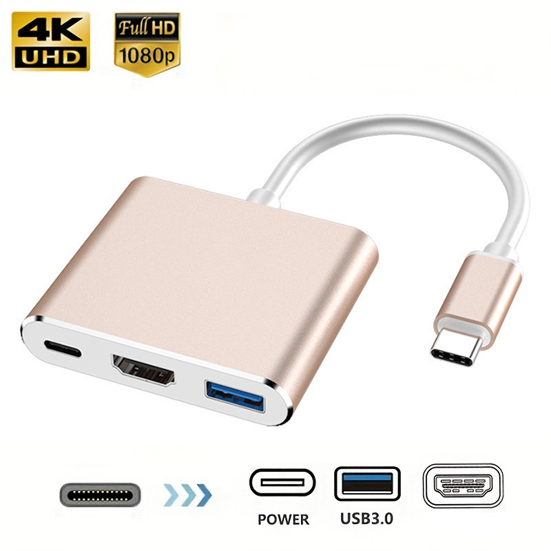 3 in 1 Aluminum Multi Port Adapter Type C to USB3.0 HDMI PD Video Plug ...