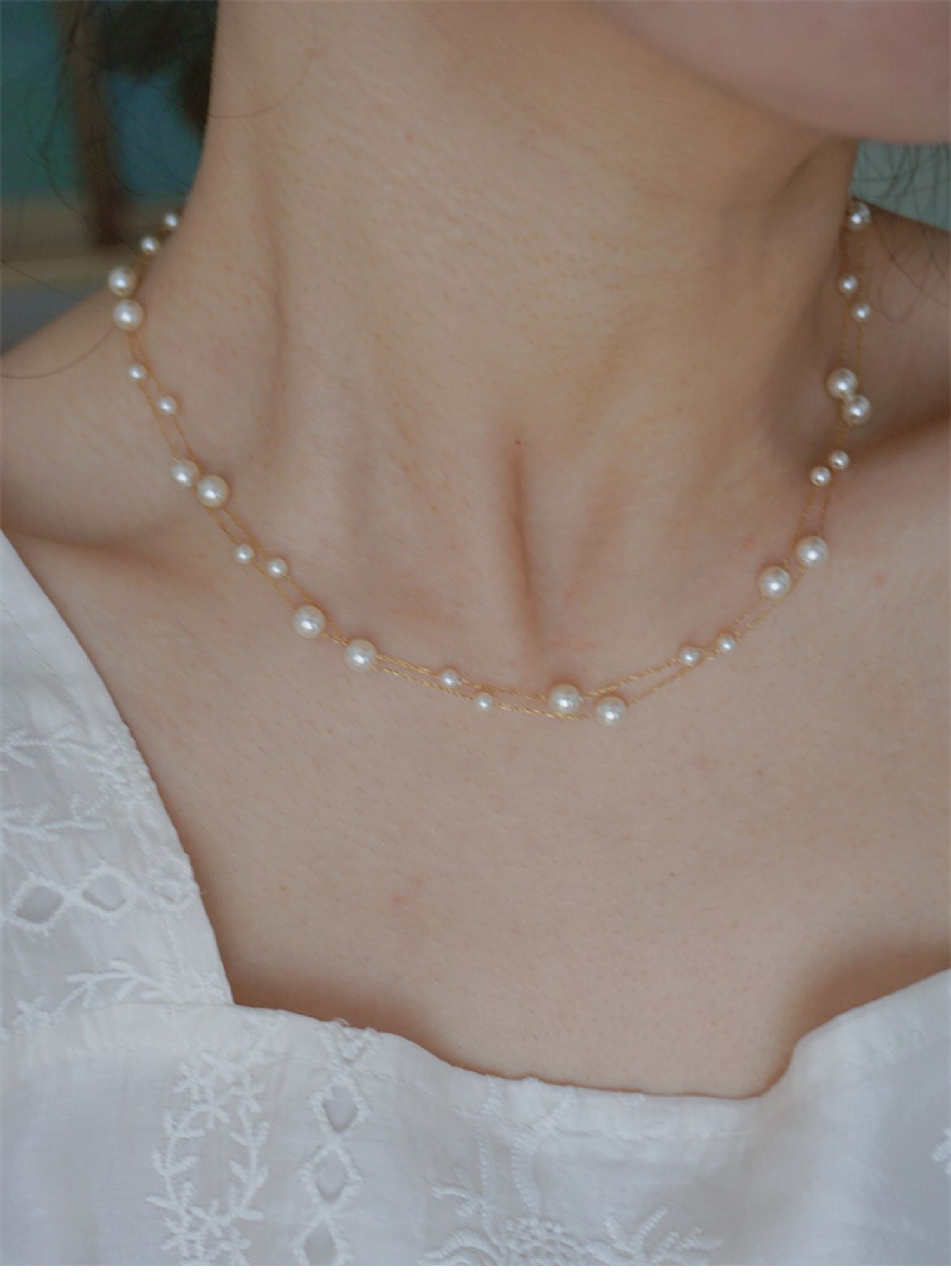 thumbnail image 2 of 18K Gold Plated Stainless Steel Pearl 2-Layer Chain Necklace - Adjustable 17.5in 2 of 4