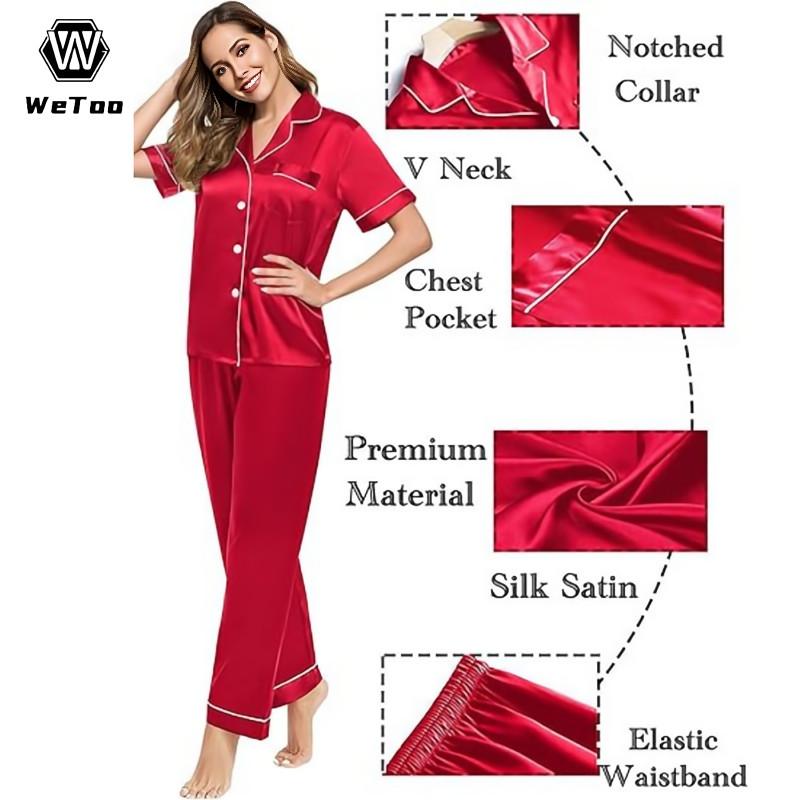WeToo#Ice Silk Red Pajama Terno Plain Pajamas Homewear Lapel Suit ...