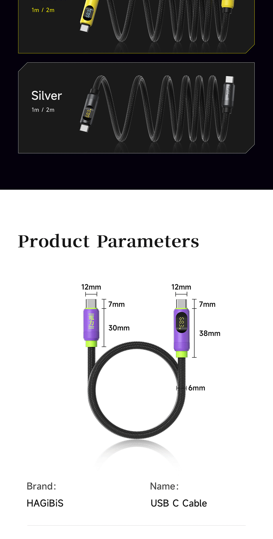 Câble USB-C Vers USB-C Hagibis 240W LED – Neuf, Charge Rapide PD