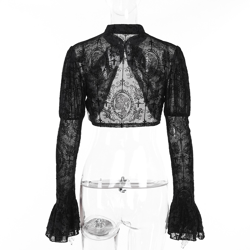 CHUNGLO Gothic Sexy Lace Mesh Flared Long Sleeve Smock Y2K Vintage ...