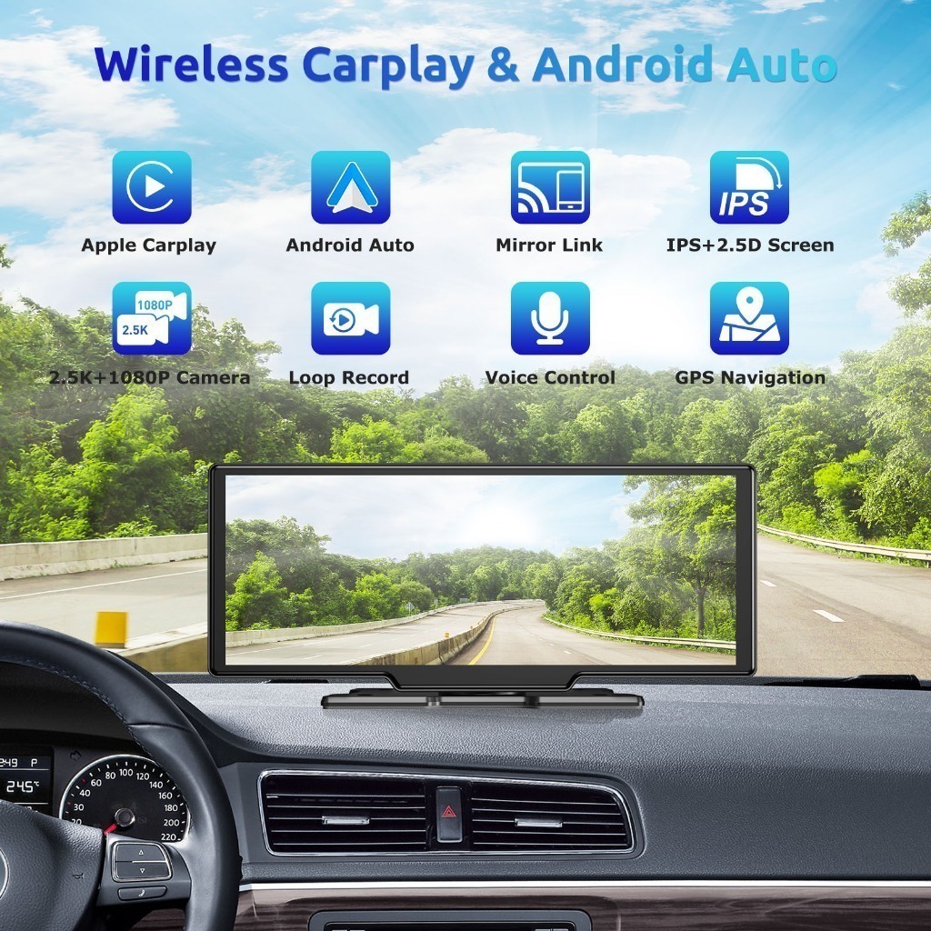 ESSGOO 10.26 inch DVR Dash Cam Car Radio Wireless CarPlay Portable ...