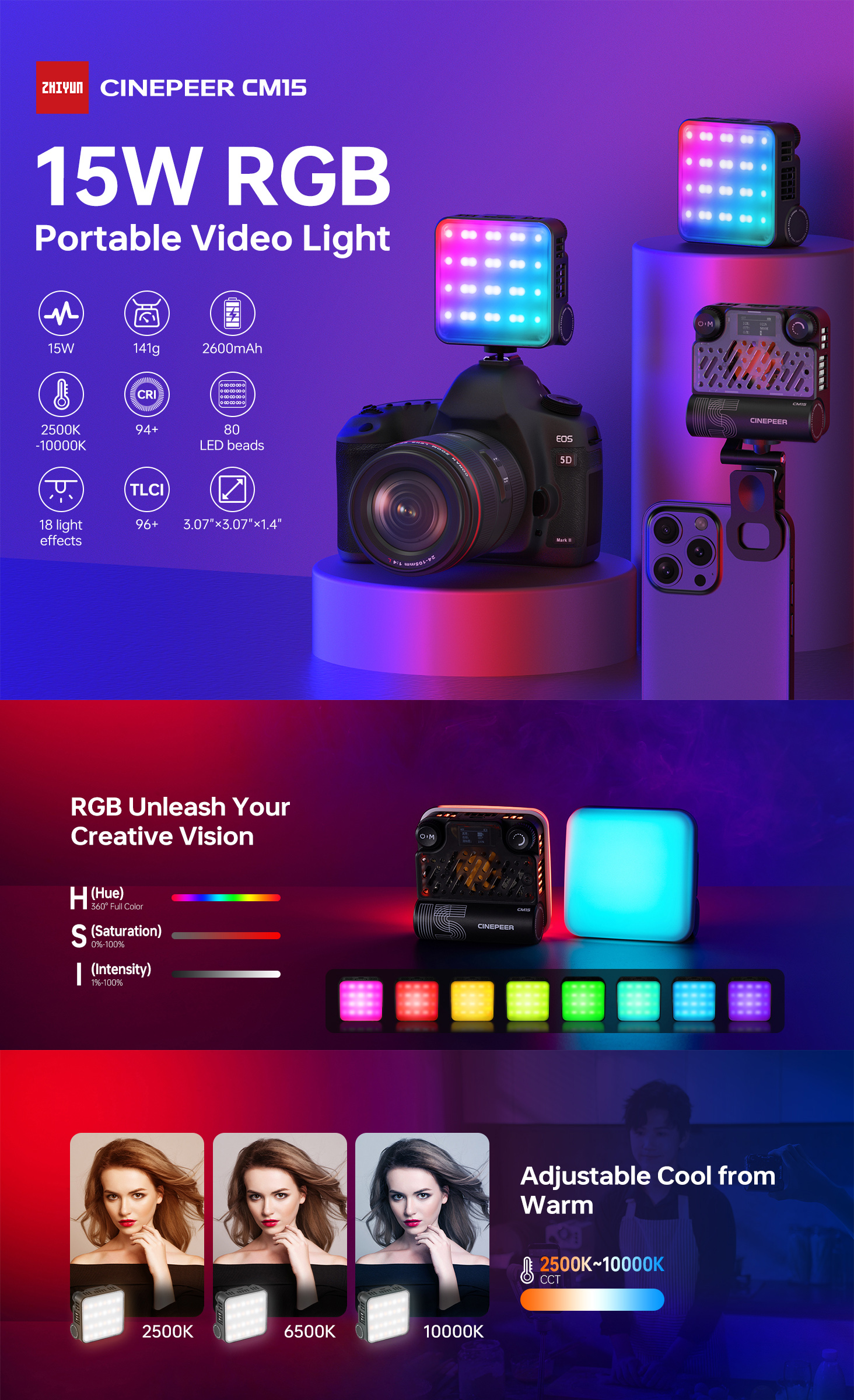 ZHIYUN CM15 Luce Video LED 15W RGB - Luce Selfie Con Supporto Per Telefono, 18 Effetti Luminosi, CRI 94+ - Foto 3