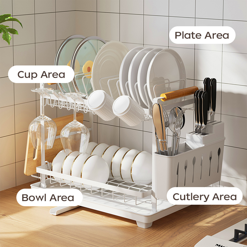 iSPECLE 2-Tier Dish Rack Plate Organizer with Drainer Pates Adjustable ...