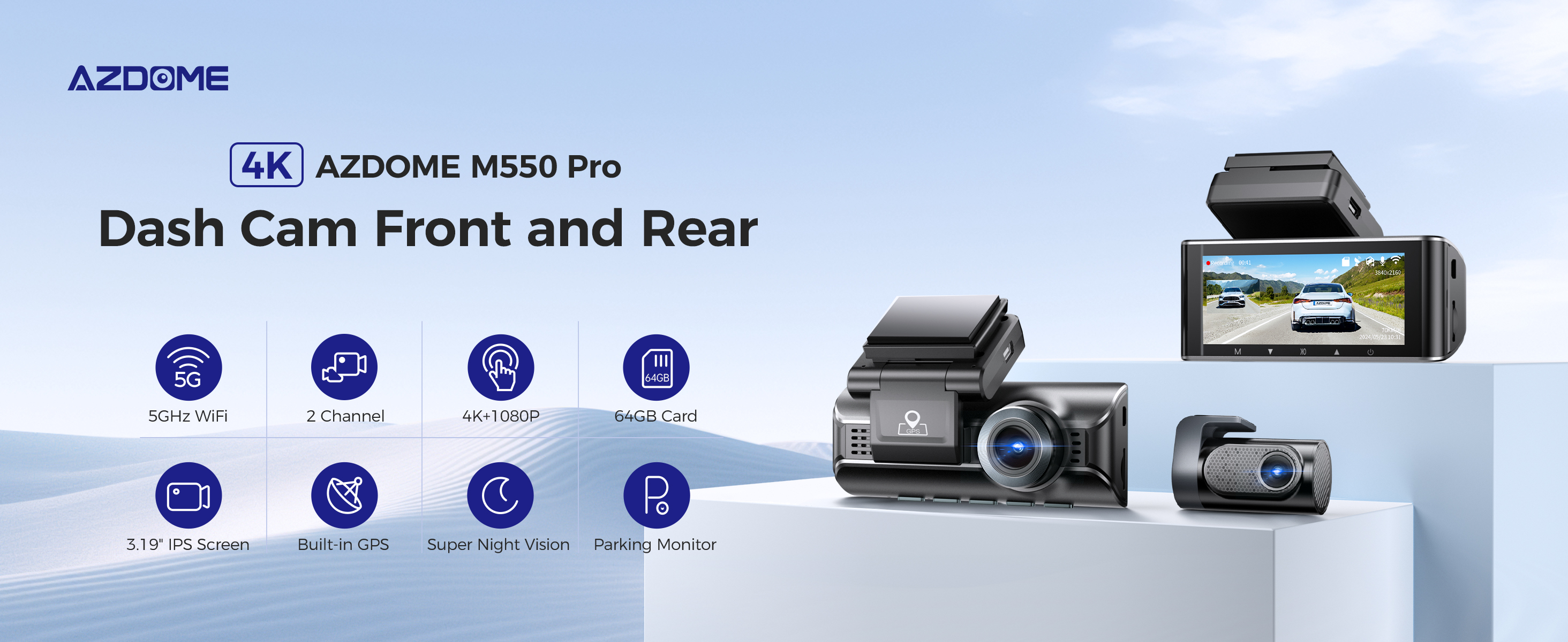 AZDOME M550 Pro 4K Dash Cam Front and Rear Dual Lens Car Recorder Night