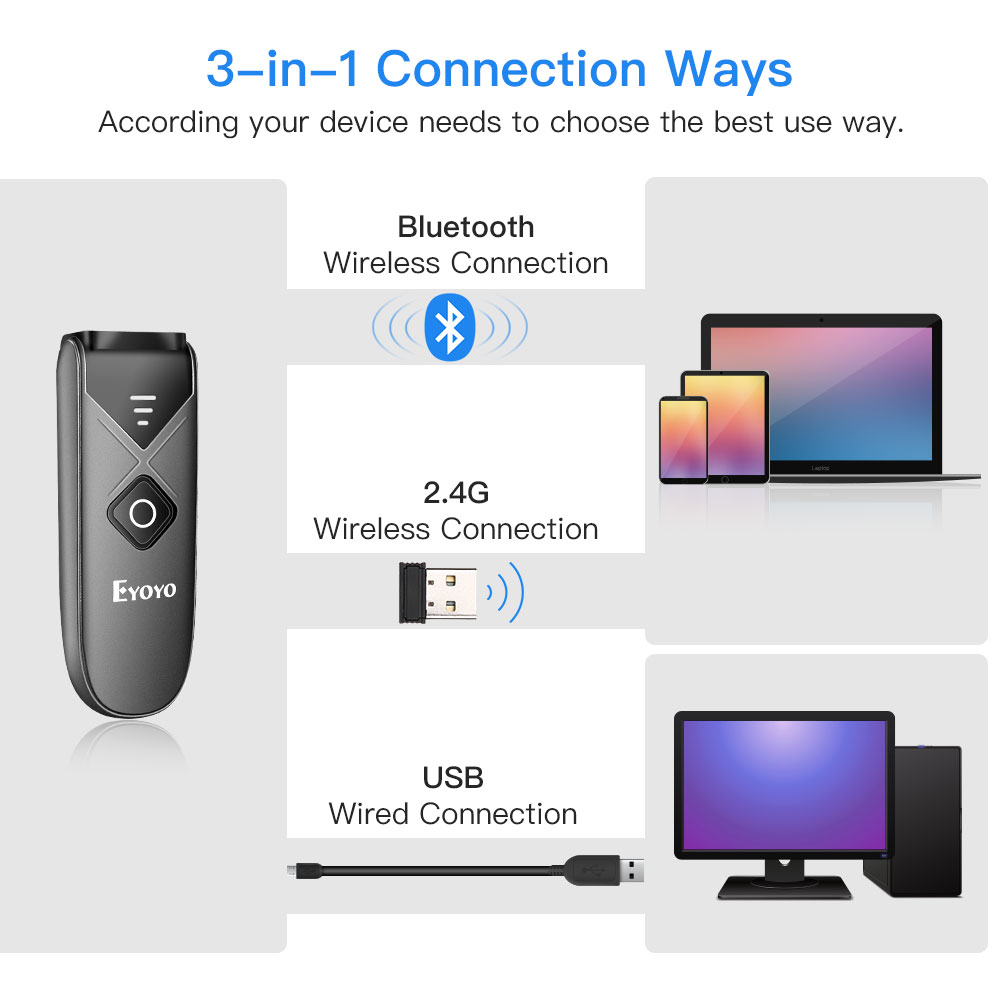 Eyoyo EY-015P Mini 3 in 1 1D 2D QR Barcode Scanner Bluetooth 2.4G USB ...