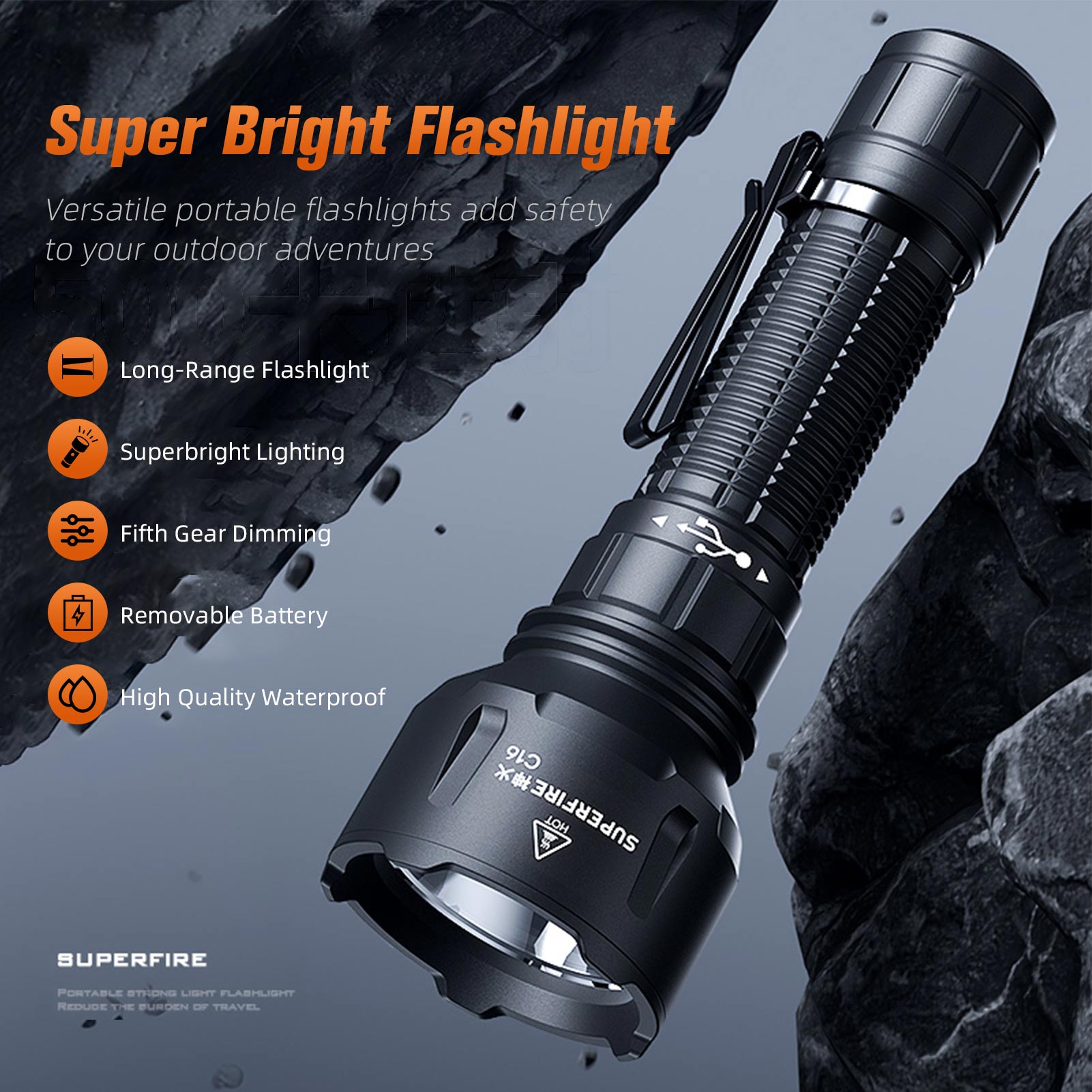 SUPERFIRE C16 40W Heavy Duty Flashlight Waterproof High Power Long ...