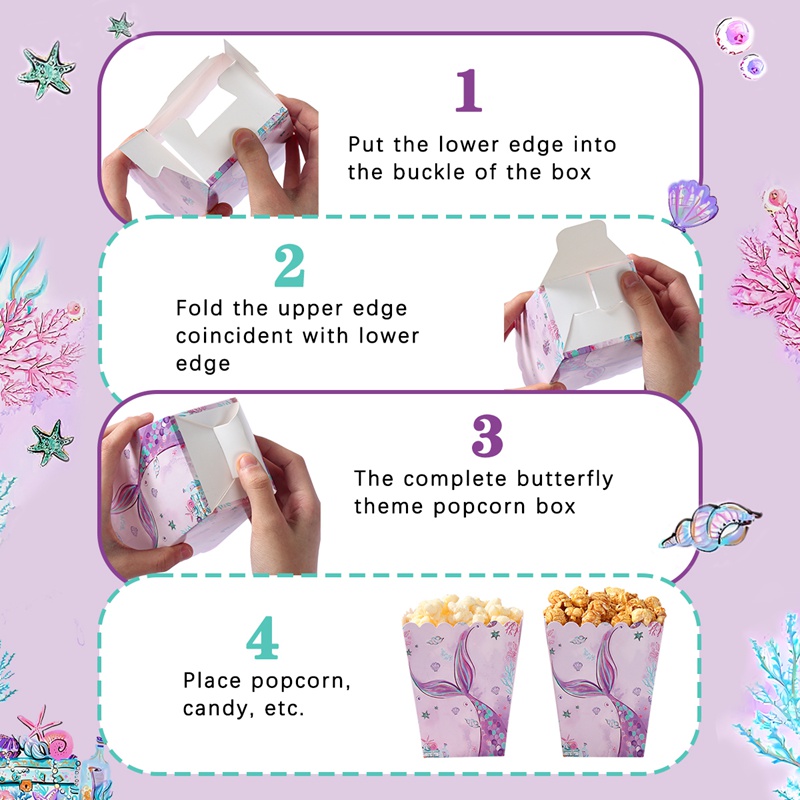 6pcs Little Mermaid Theme Popcorn Box Mermaid Tail Packing Box Mermaid ...