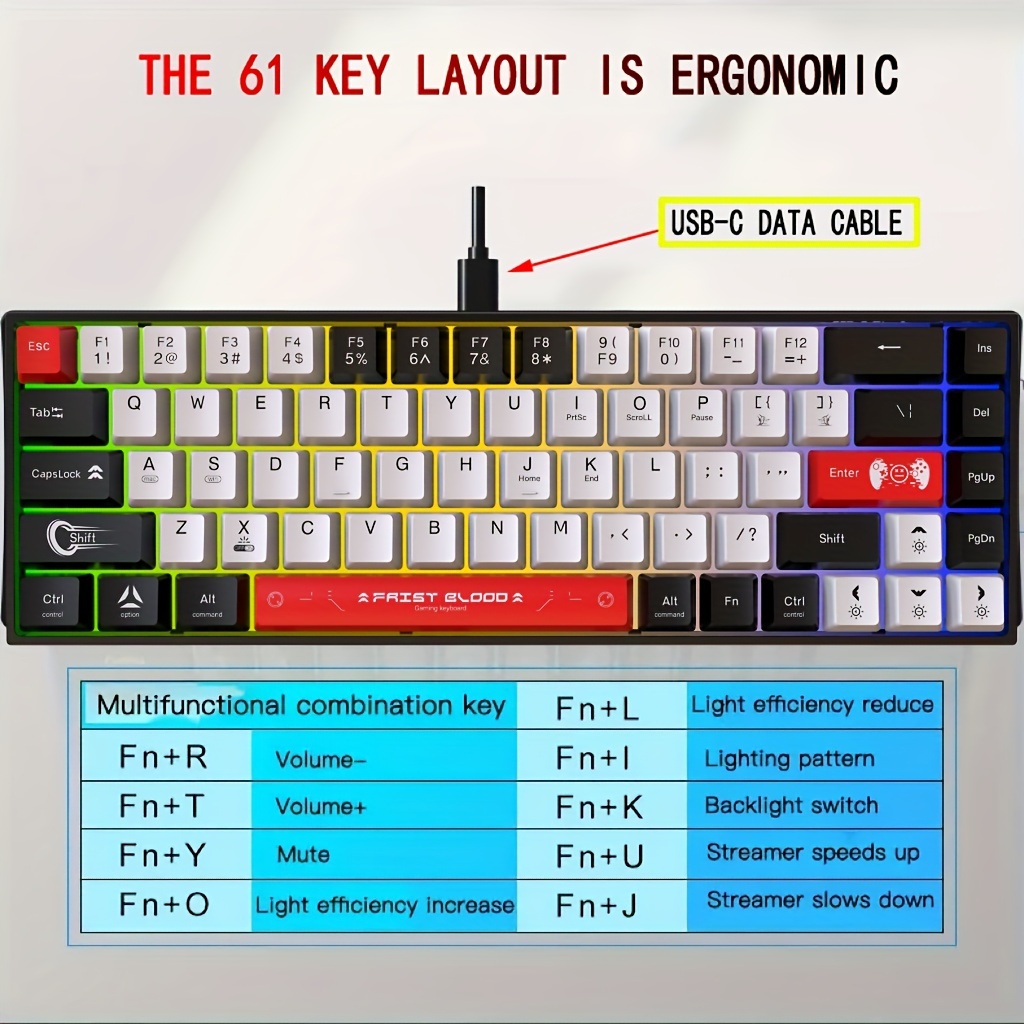 61 Key Mini Rgb Backlit Keyboard Computer Usb Backlit Dual Color Key 60 ...