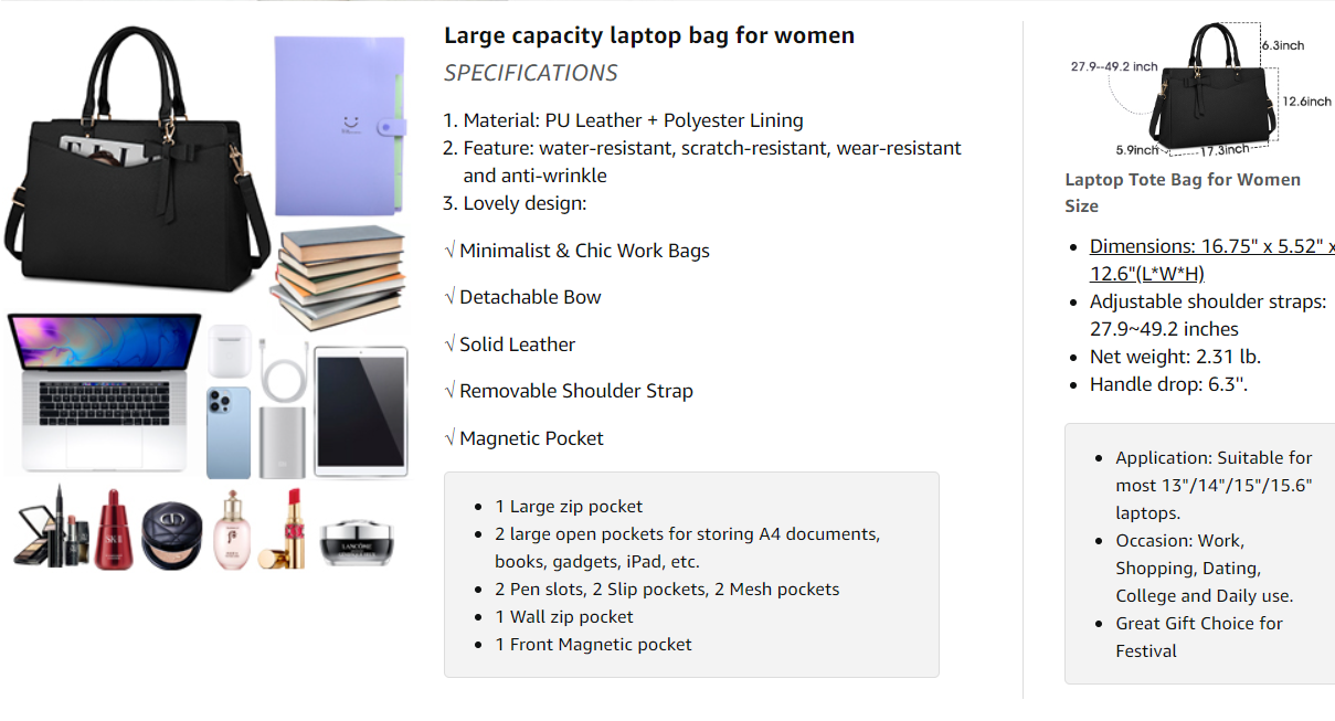 【MC】 Laptop Bag for Women 15.6 Inch PU Tote Bag Business Office Work