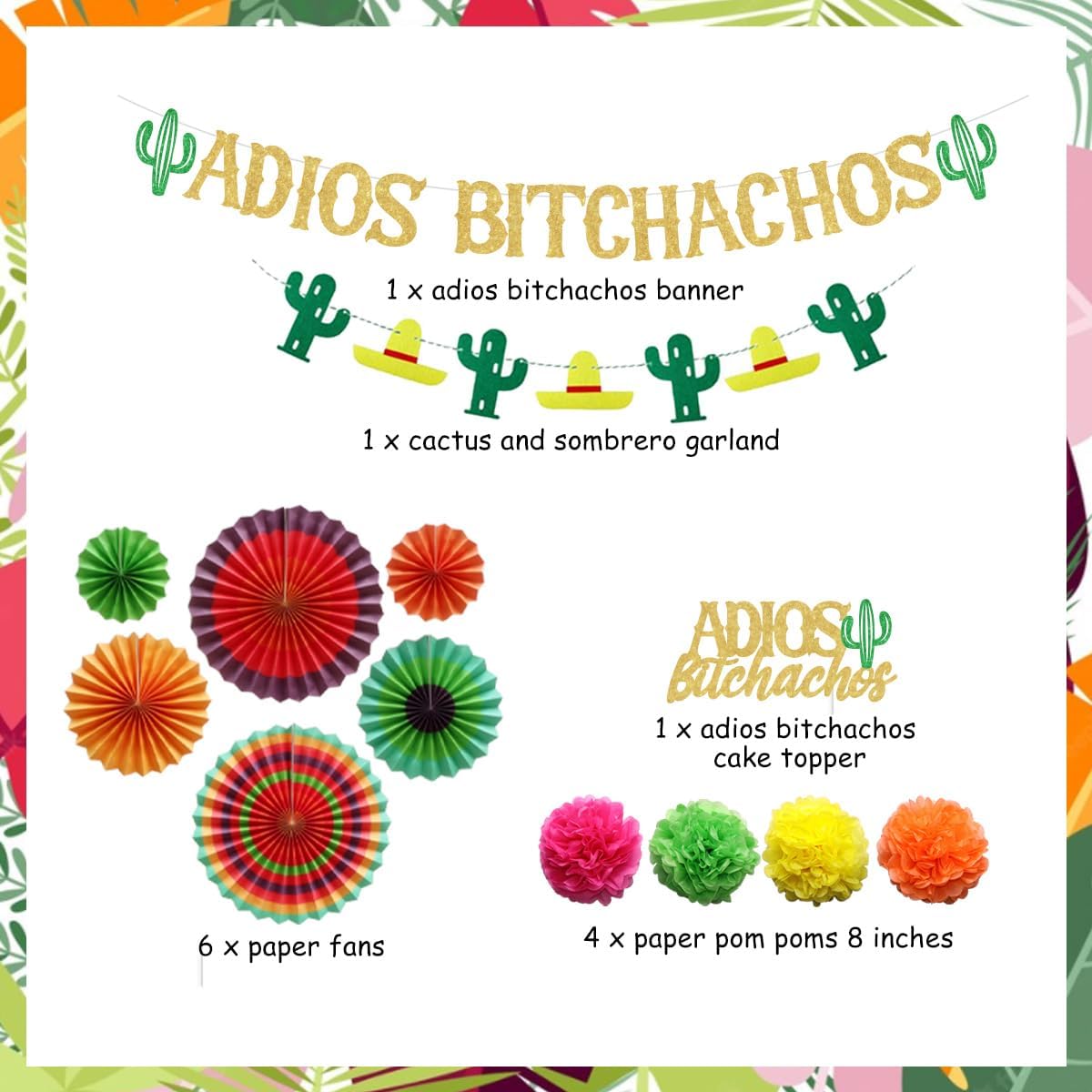 Cheereveal Adios Bitchachos Decorations Banner Cake Topper Paper Fan ...