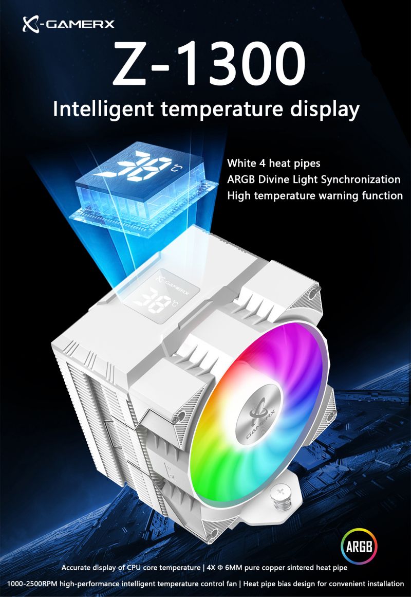 Power Train XGamerx Z1300 ARGB 4 Heat pipes CPU Cooler with Digital