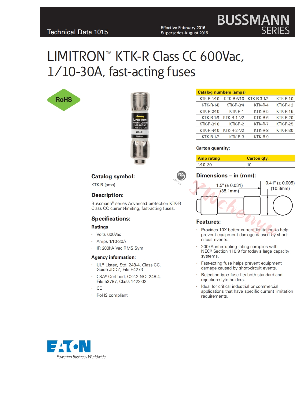 Bussmann Fuse KTK-R-1/2/3/4/5/6/7/8/9/10/12/15/20/25/30 600V | Shopee ...