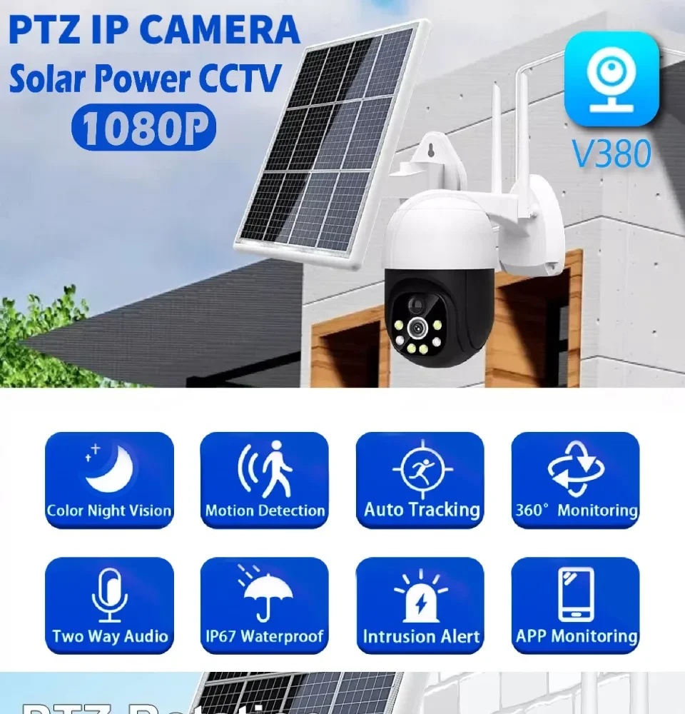 V380 Pro Solar CCTV Camera Outdoor Waterproof IP66 Motion Detection
