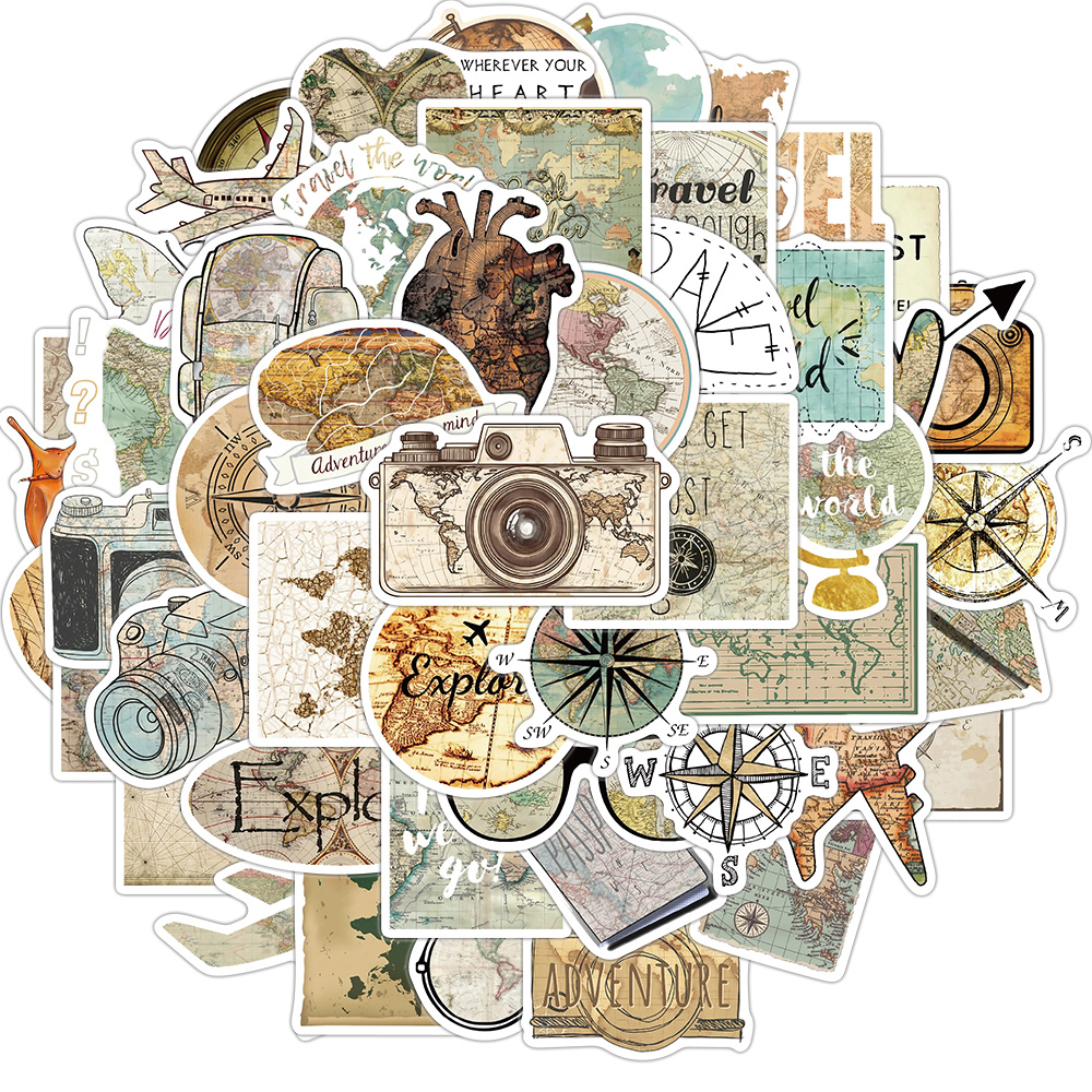 [Large Sticker]50Pcs/set Travel The Map Stickers Vintage Decal for ...