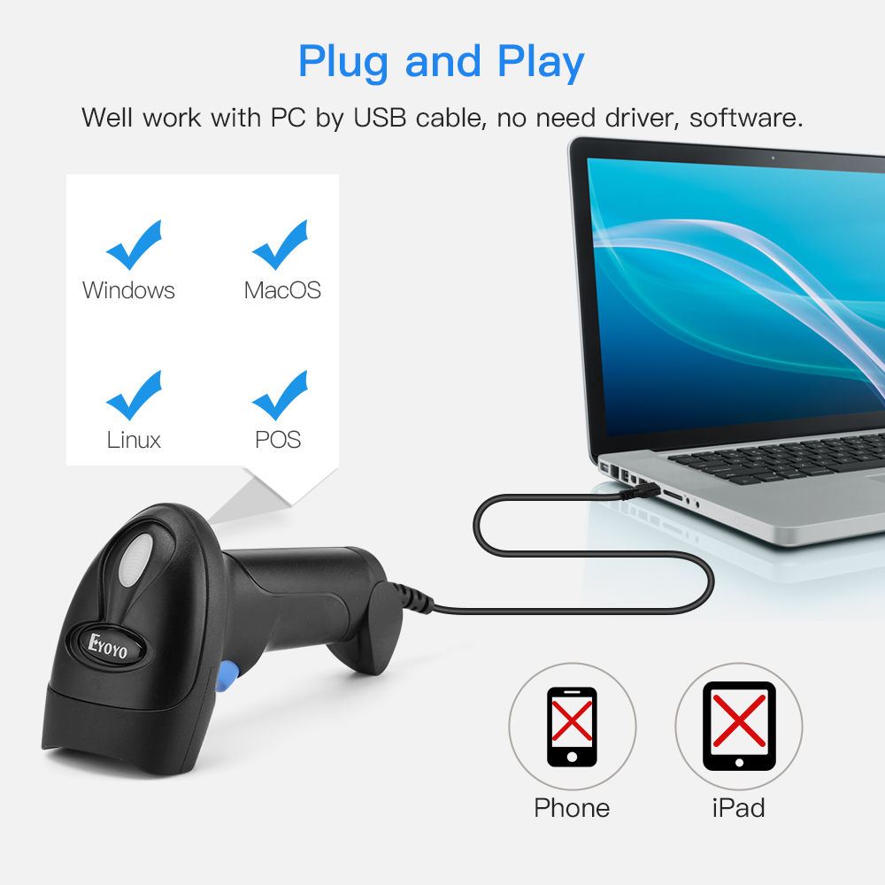 Eyoyo USB Wired 2D Barcode Scanner, Handheld QR Bar Codes Reader 1D CCD