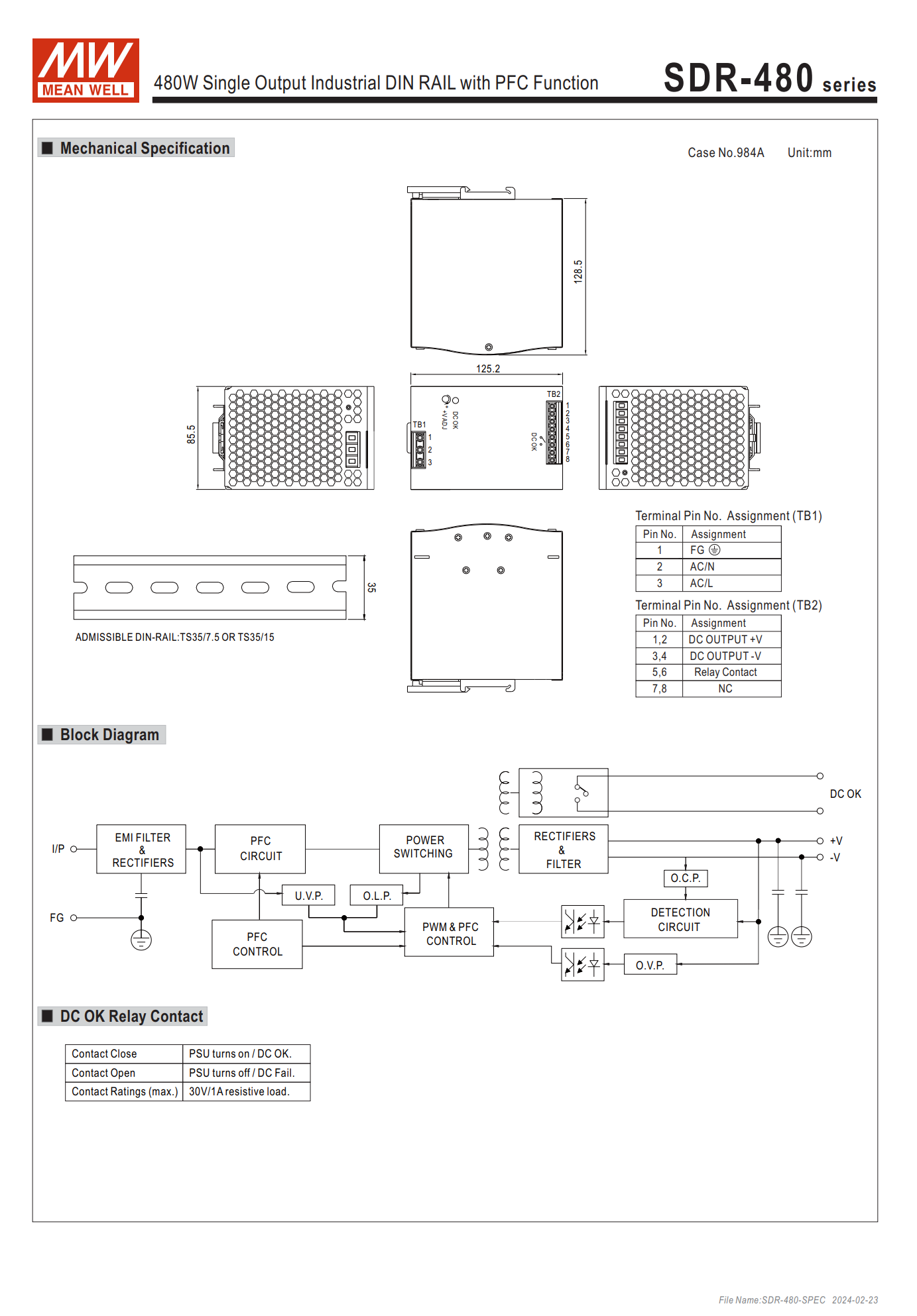 MEAN WELL SDR-480-24 DC24V 20A SDR-480-48 DC48V 10A Switching Power ...